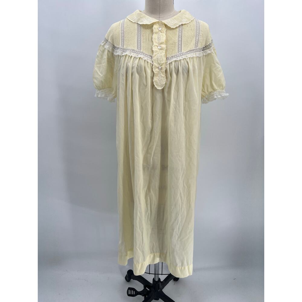 Vintage Barbizon Nightgown Sz L Pale Yellow Pin Tuck Embroidered Short Sleeve